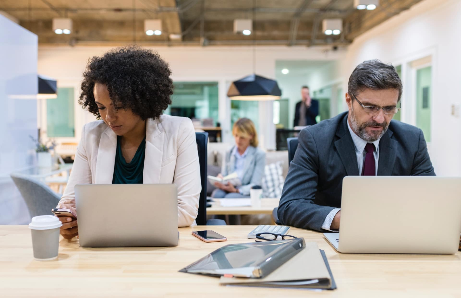 man and women working